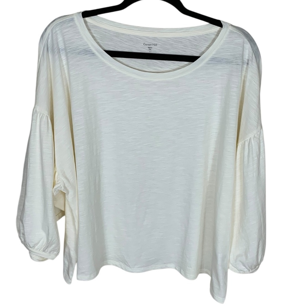 Garnet Hill Ivory 3/4 Puff Balloon Sleeve Pima Cotton Boxy Knit Top L
